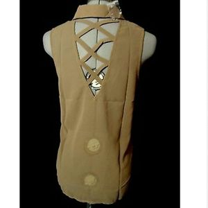 Nwt DOUBLE ZERO Caged Blouse Top S Brown button shirt Collared Chiffon V-neck